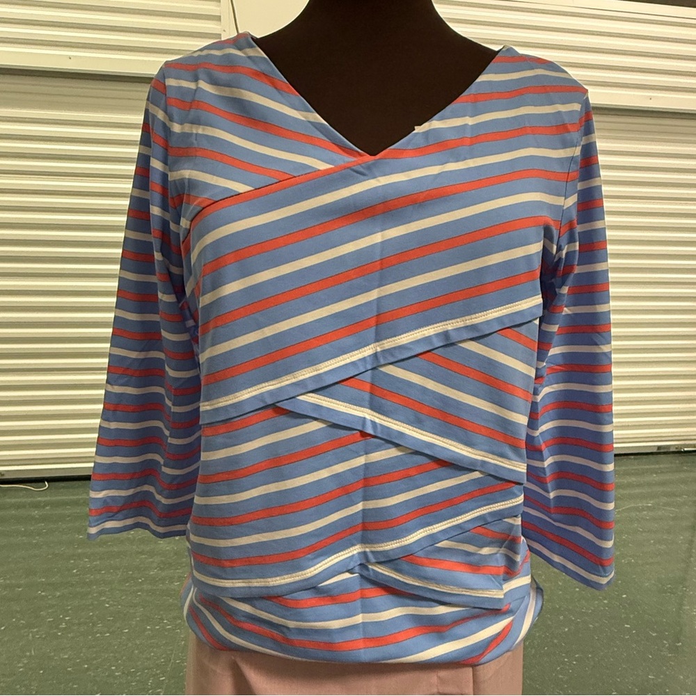 J. McLaughlin Blue and Pink Striped Blouse Size Women’s Large